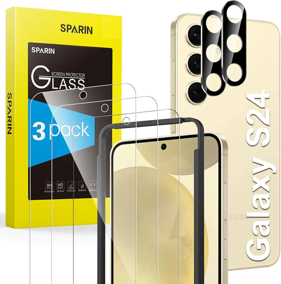 SPARIN Screen Protector for Samsung Galaxy S24, 3 Tempered Glass Screen Protector with 2 Camera Lens Protector, Installation Alignment Frame Included - Mos Accessories