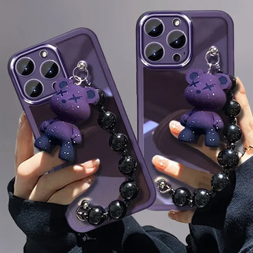 Electroplating TPU Soft Protective Purple Case with Teddy Bear Bracelet - For iPhones