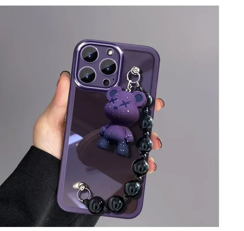 Electroplating TPU Soft Protective Purple Case with Teddy Bear Bracelet - For iPhones