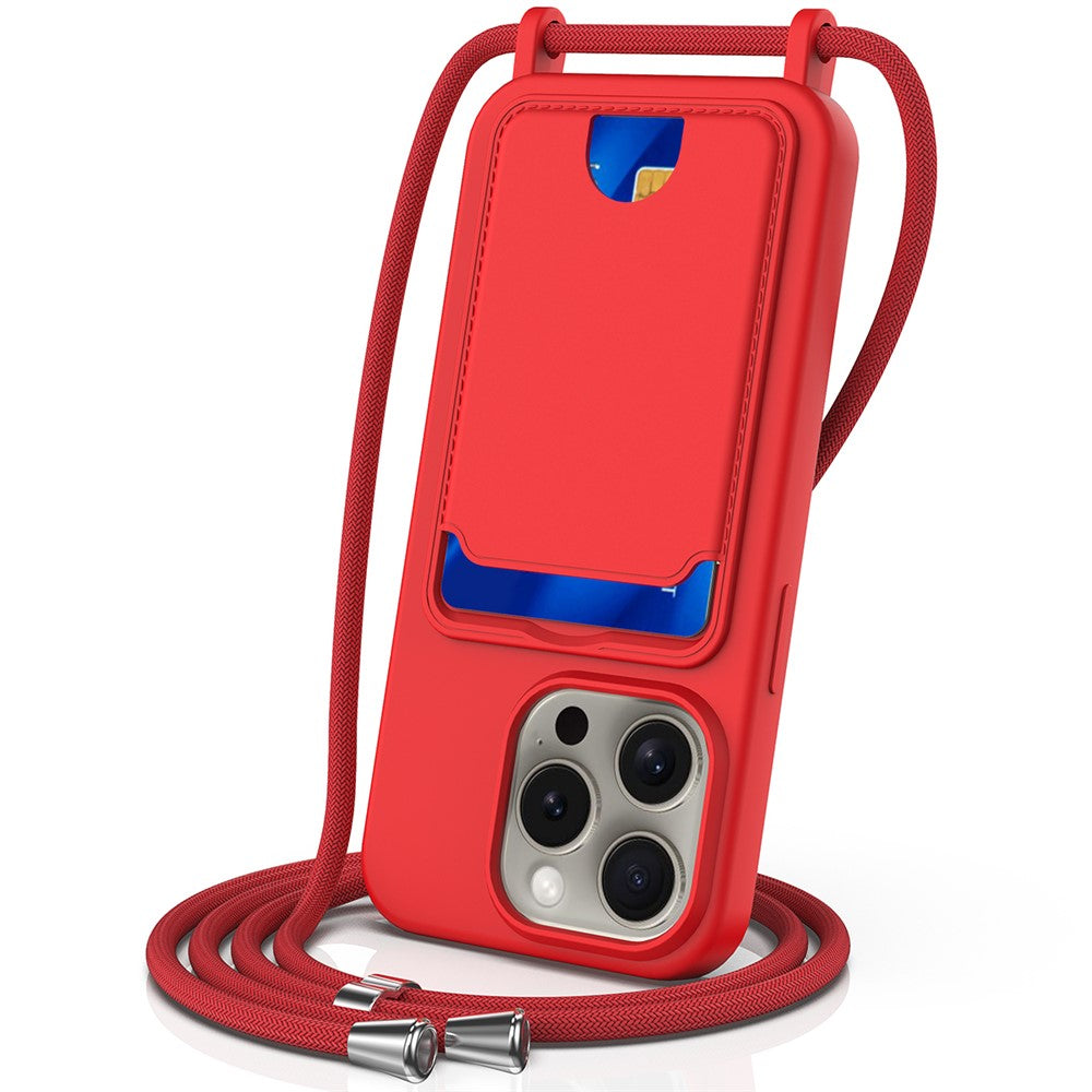 Liquid Silicone Card Holder Case Phone Back Cover with Lanyard - For iPhone 16 Pro
