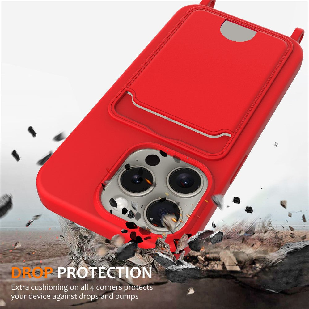 Liquid Silicone Card Holder Case Phone Back Cover with Lanyard - For iPhone 16 Pro