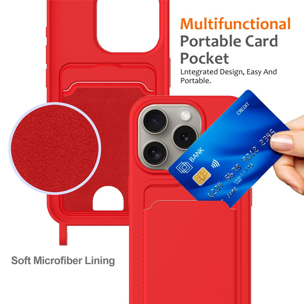 Liquid Silicone Card Holder Case Phone Back Cover with Lanyard - For iPhone 16 Pro