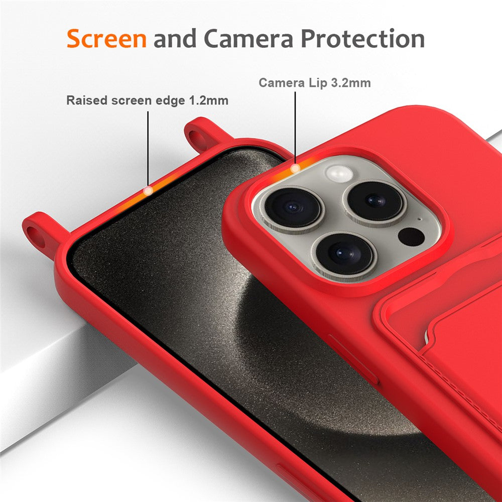 Liquid Silicone Card Holder Case Phone Back Cover with Lanyard - For iPhone 16 Pro