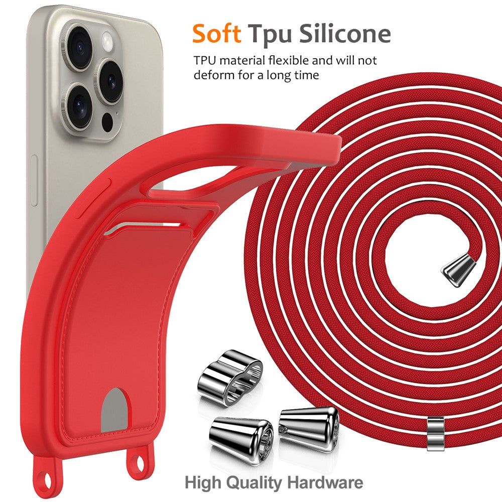 Liquid Silicone Card Holder Case Phone Back Cover with Lanyard - For iPhone 16 Pro