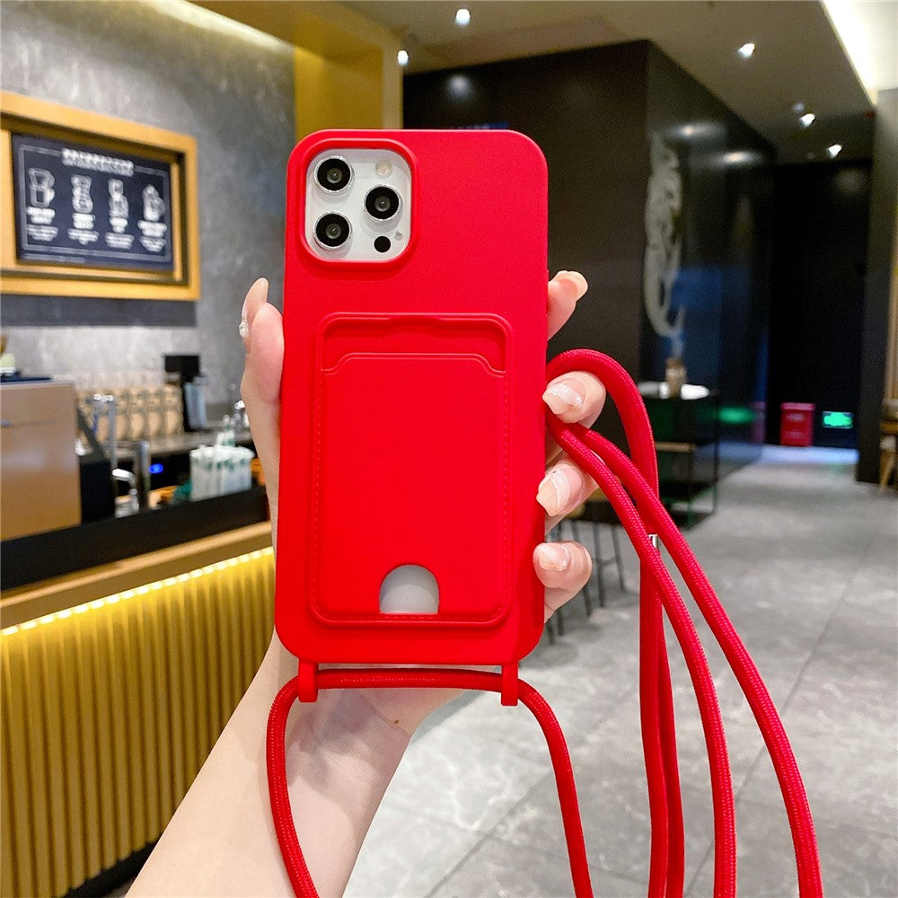 Liquid Silicone Card Holder Case Phone Back Cover with Lanyard - For iPhone 16 Pro