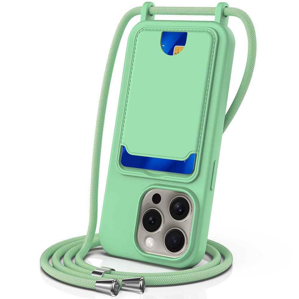 Liquid Silicone Card Holder Case Phone Back Cover with Lanyard - For iPhone 16 Pro