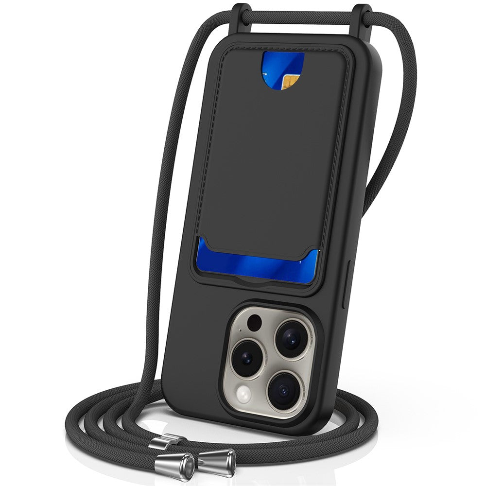 Liquid Silicone Card Holder Case Phone Back Cover with Lanyard - For iPhone 16 Pro