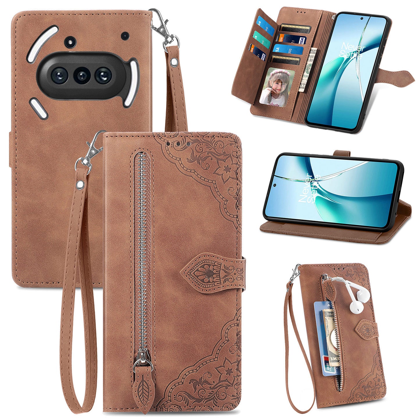 Zipper Wallet Case with Strap Flower Imprint PU Leather Phone Cover - For Nothing Phone (3a)