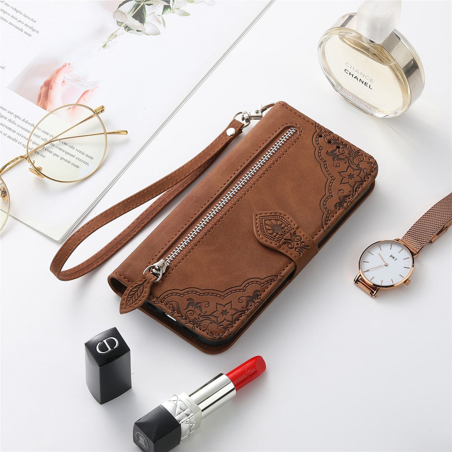 Zipper Wallet Case with Strap Flower Imprint PU Leather Phone Cover - For Nothing Phone (3a)