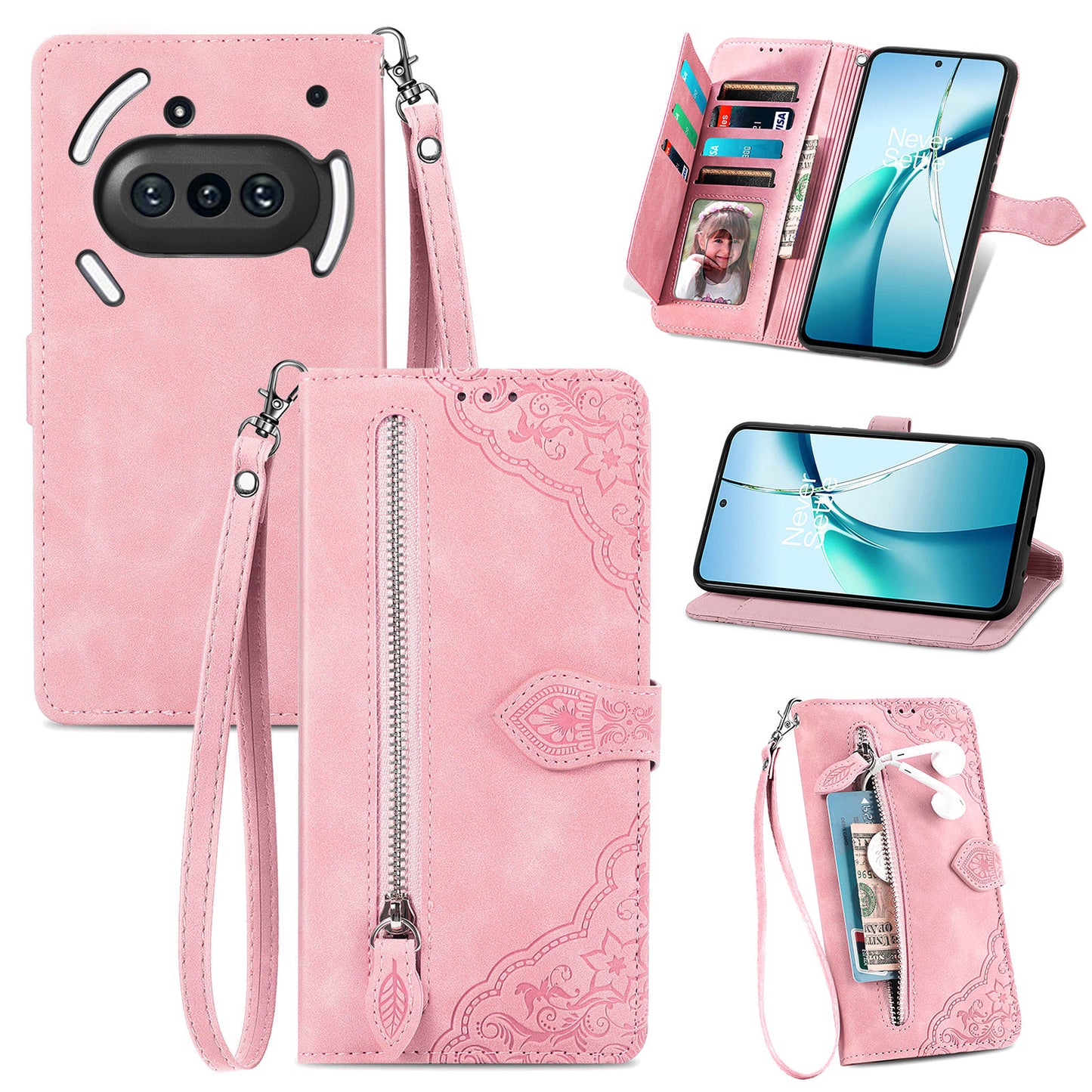 Zipper Wallet Case with Strap Flower Imprint PU Leather Phone Cover - For Nothing Phone (3a)