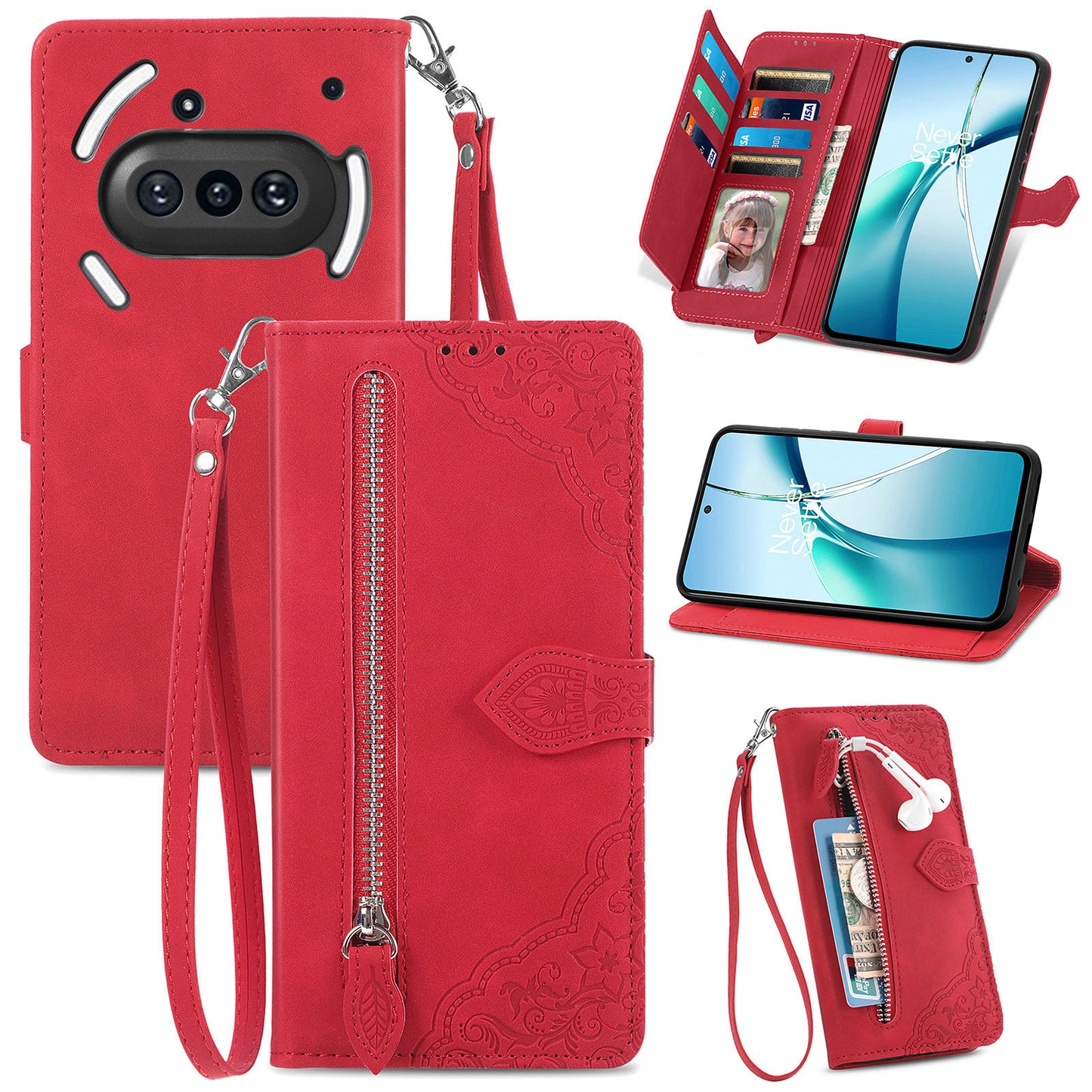 Zipper Wallet Case with Strap Flower Imprint PU Leather Phone Cover - For Nothing Phone (3a)