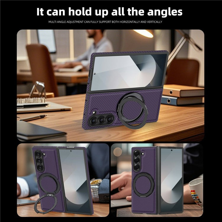 Carbon Fiber Texture MagSafe Case PU+TPU Kickstand Phone Cover - For Samsung Galaxy Z Fold6