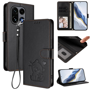 Love Cat Pattern Imprint PU Leather Wallet Case with Wrist Strap - For OnePlus 15