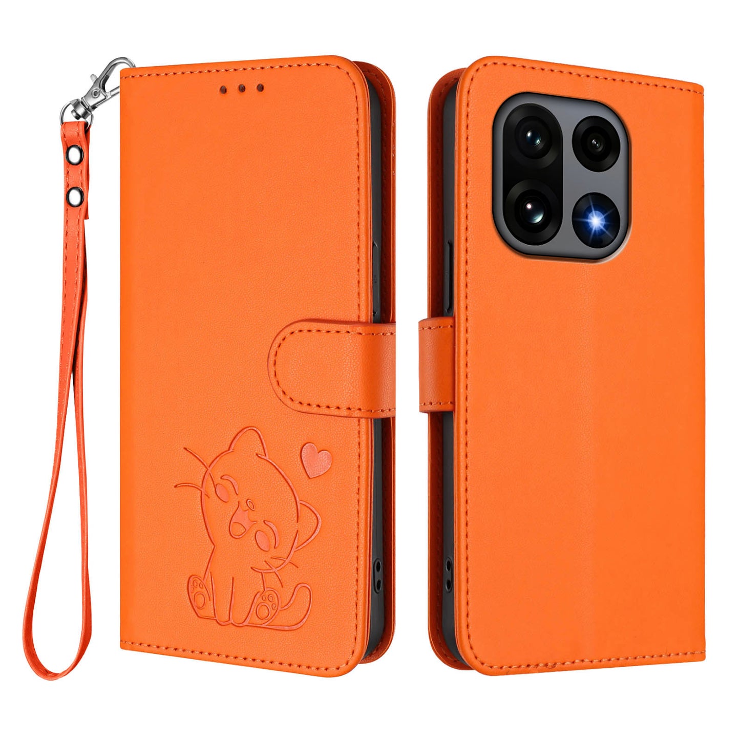 Love Cat Pattern Imprint PU Leather Wallet Case with Wrist Strap - For OnePlus 15