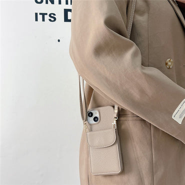 Crossbody Phone Case Card Holder PU Leather Coated PC Cover with Shoulder Strap - For iPhone 15