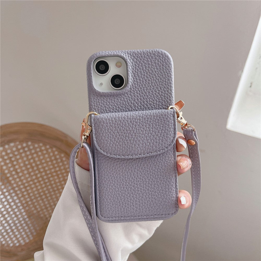 Crossbody Phone Case Card Holder PU Leather Coated PC Cover with Shoulder Strap - For iPhone 15