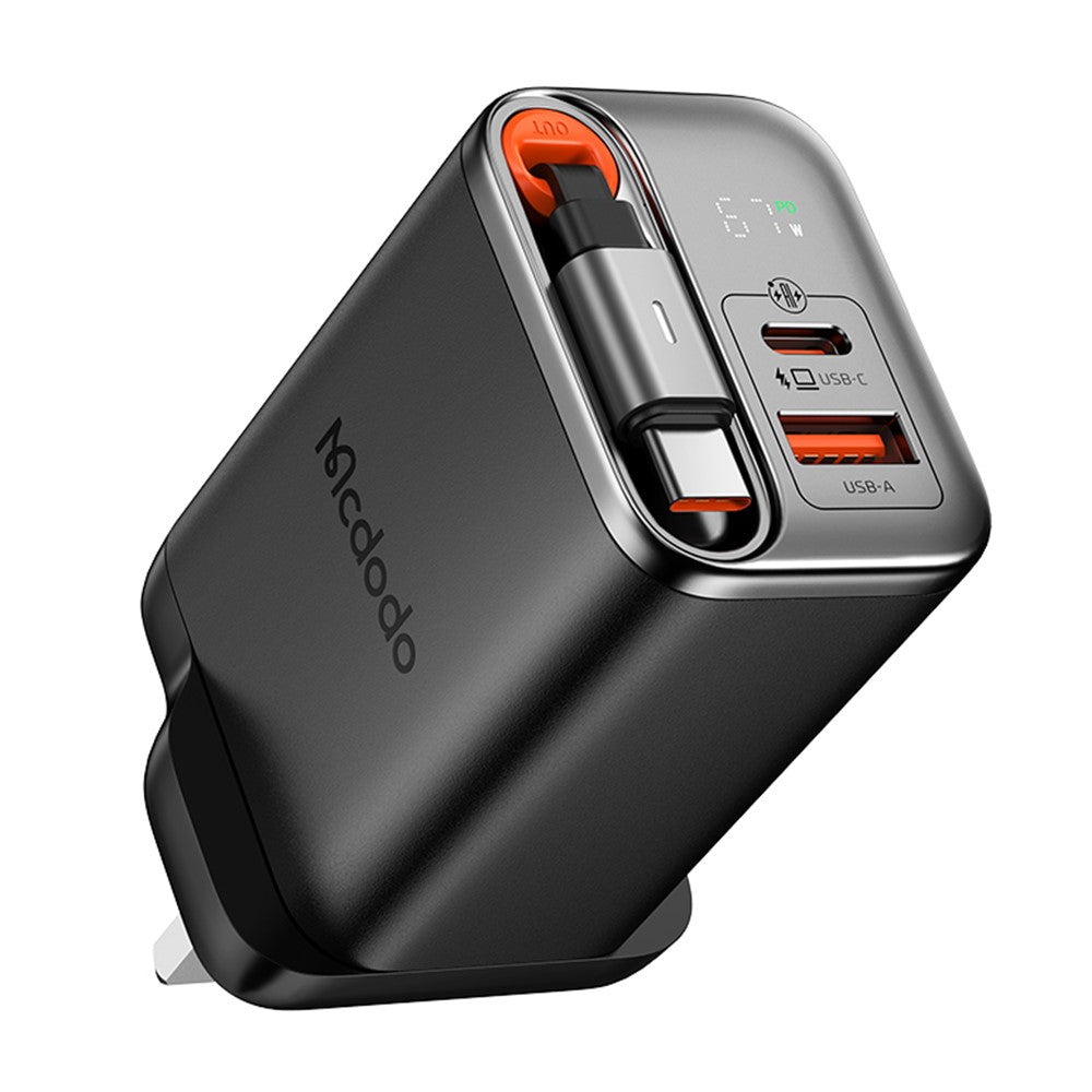 Mcdodo CH-409 FreeGo 67W GaN Charger USB-C USB-A Power Adapter with Built-in Retractable Cable