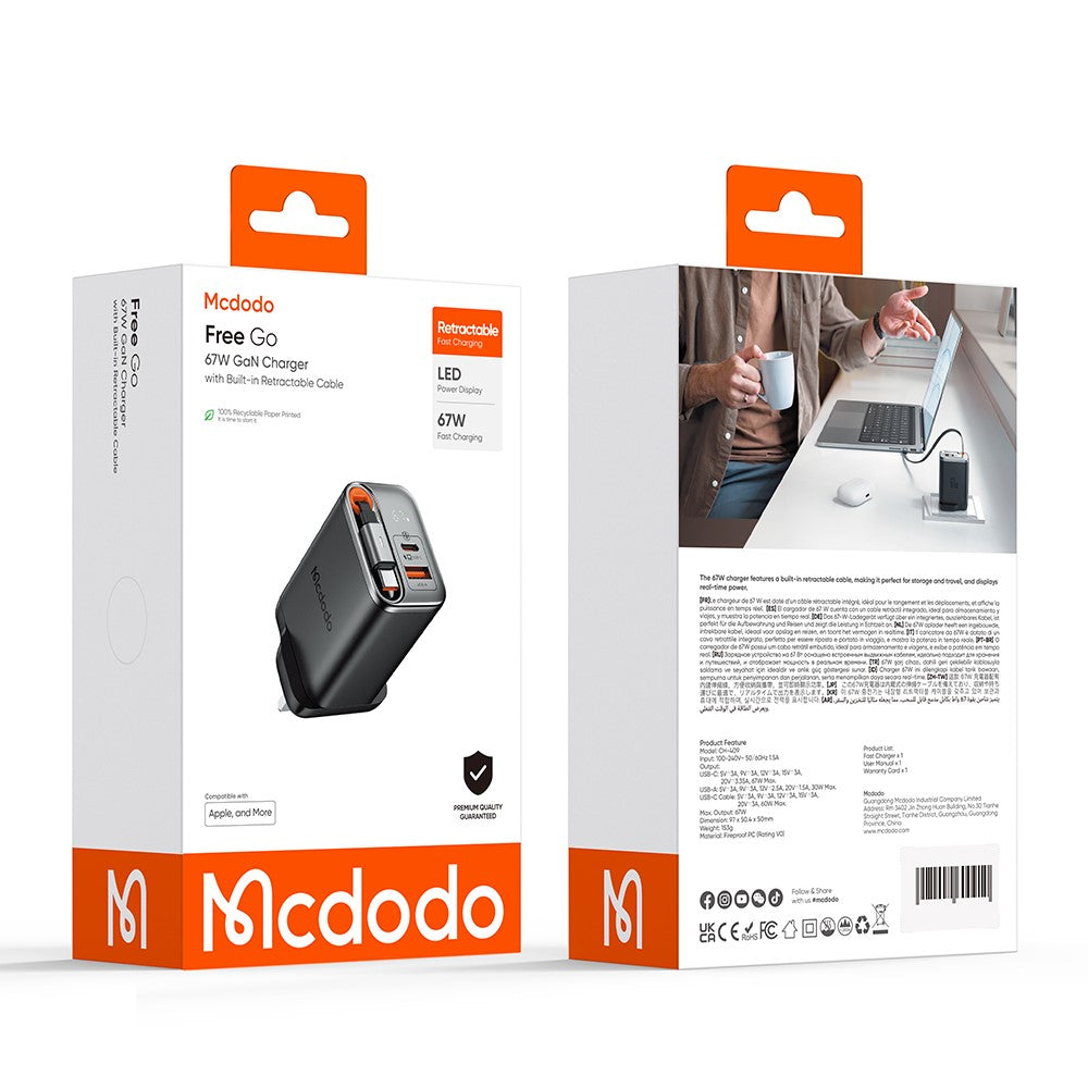 Mcdodo CH-409 FreeGo 67W GaN Charger USB-C USB-A Power Adapter with Built-in Retractable Cable