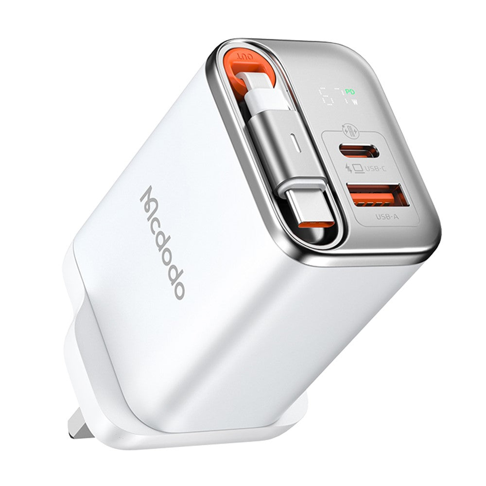 Mcdodo CH-409 FreeGo 67W GaN Charger USB-C USB-A Power Adapter with Built-in Retractable Cable