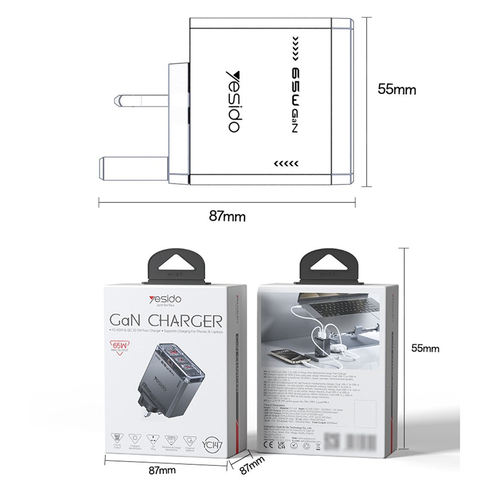 Yesido YC147 65W GaN Charger Fast Charging Power Adapter with Multiple Ports Mechanical Design