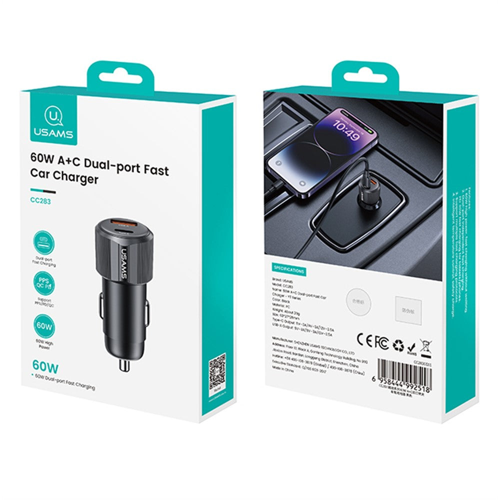 Usams CC283 Car Charger 60W Dual Port USB-A + Type-C Fast Charging