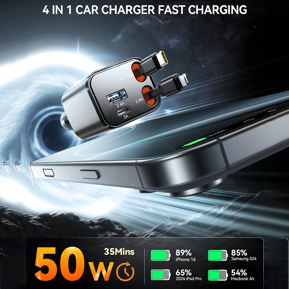 Joyroom CCL05 4 in 1 Car Charger with Fast Charging Retractable Dual Cables