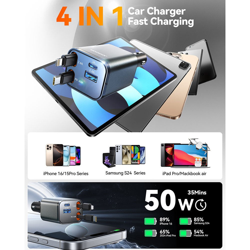 Joyroom CCL05 4 in 1 Car Charger with Fast Charging Retractable Dual Cables