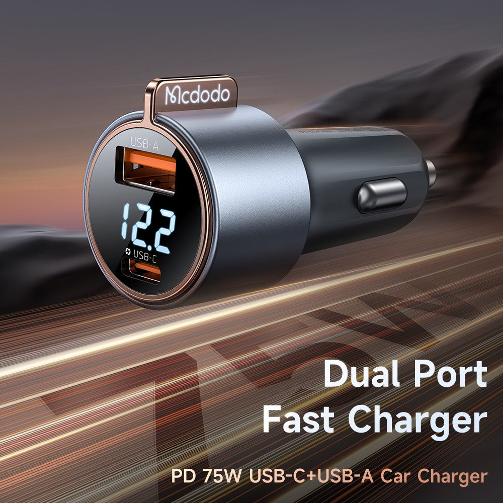 Mcdodo CC-3690 USB-A + USB-C Dual Ports PD 75W Fast Car Charger with Digital Display
