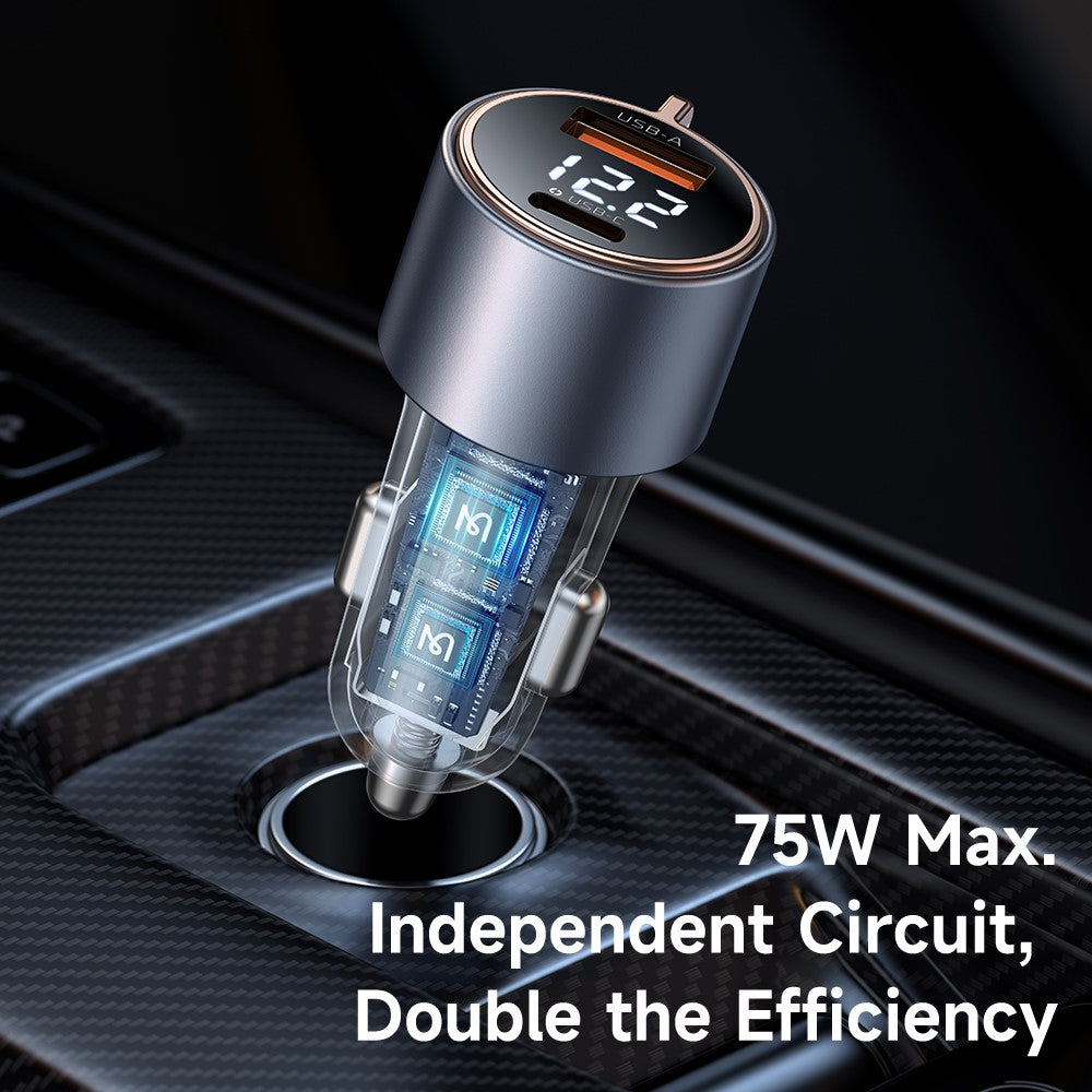 Mcdodo CC-3690 USB-A + USB-C Dual Ports PD 75W Fast Car Charger with Digital Display