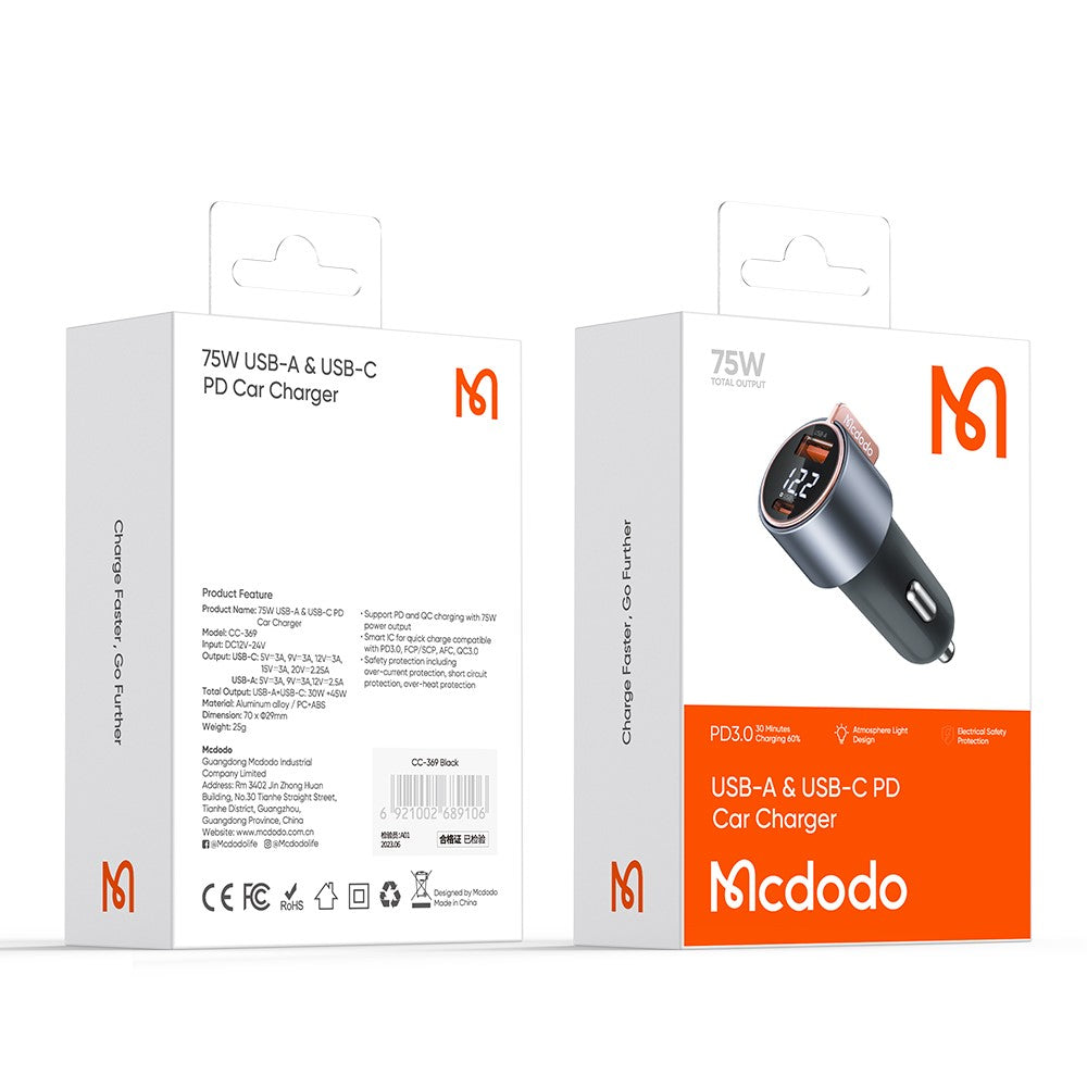 Mcdodo CC-3690 USB-A + USB-C Dual Ports PD 75W Fast Car Charger with Digital Display