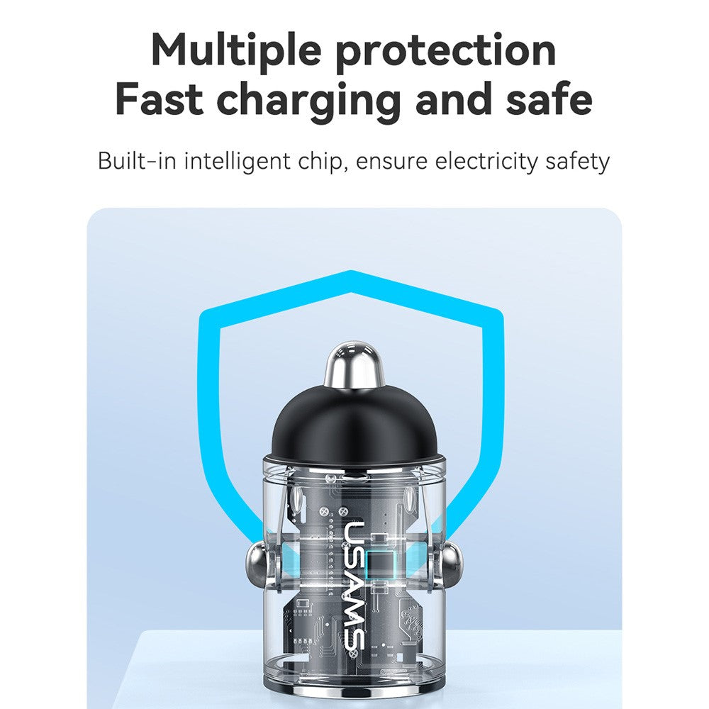 Usams US-CC206 C38 PD 30W USB A + USB-C Fast Charging Car Adapter with Pull Ring