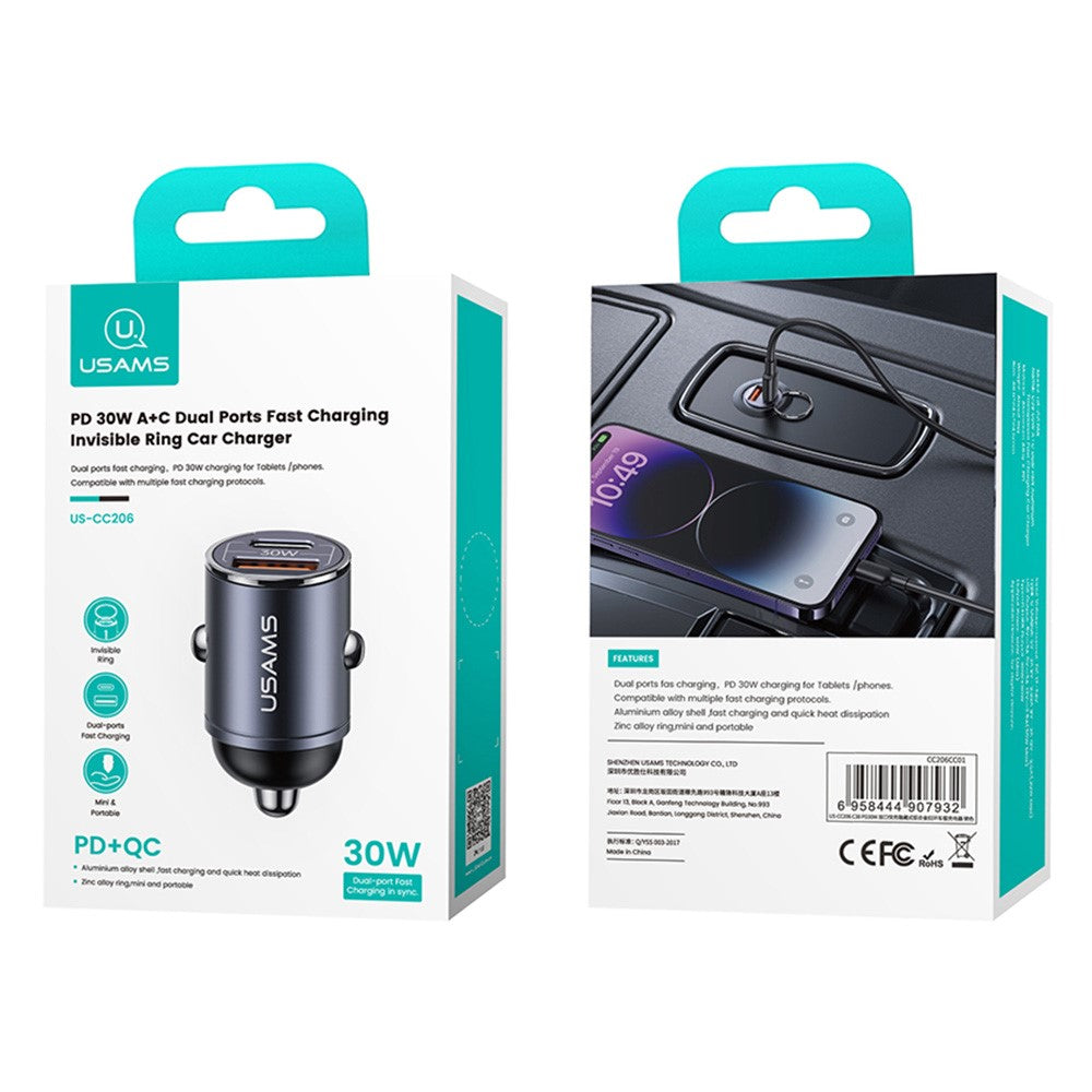 Usams US-CC206 C38 PD 30W USB A + USB-C Fast Charging Car Adapter with Pull Ring