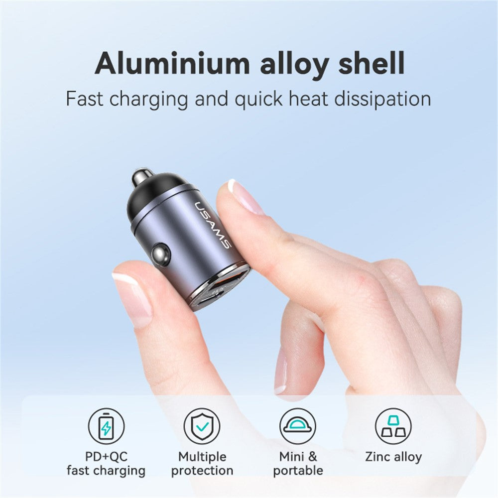 Usams US-CC206 C38 PD 30W USB A + USB-C Fast Charging Car Adapter with Pull Ring