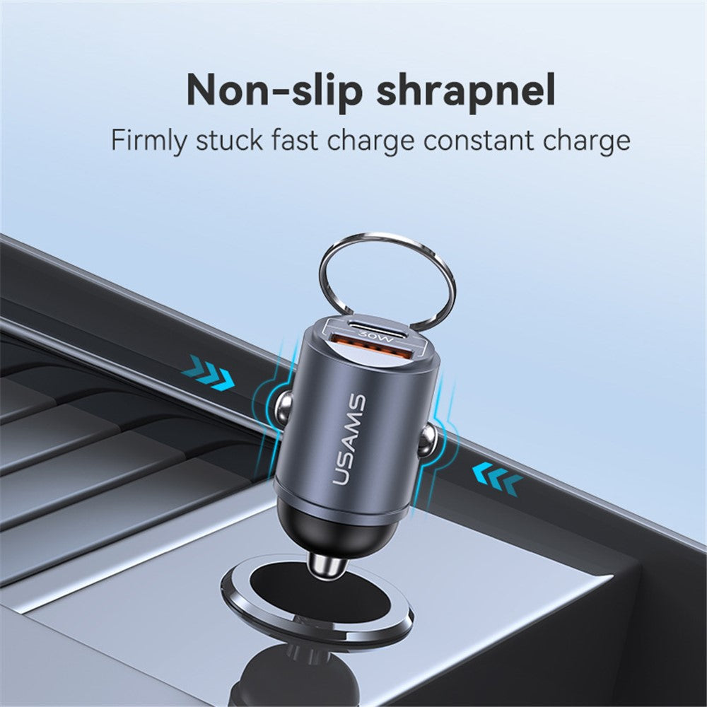 Usams US-CC206 C38 PD 30W USB A + USB-C Fast Charging Car Adapter with Pull Ring
