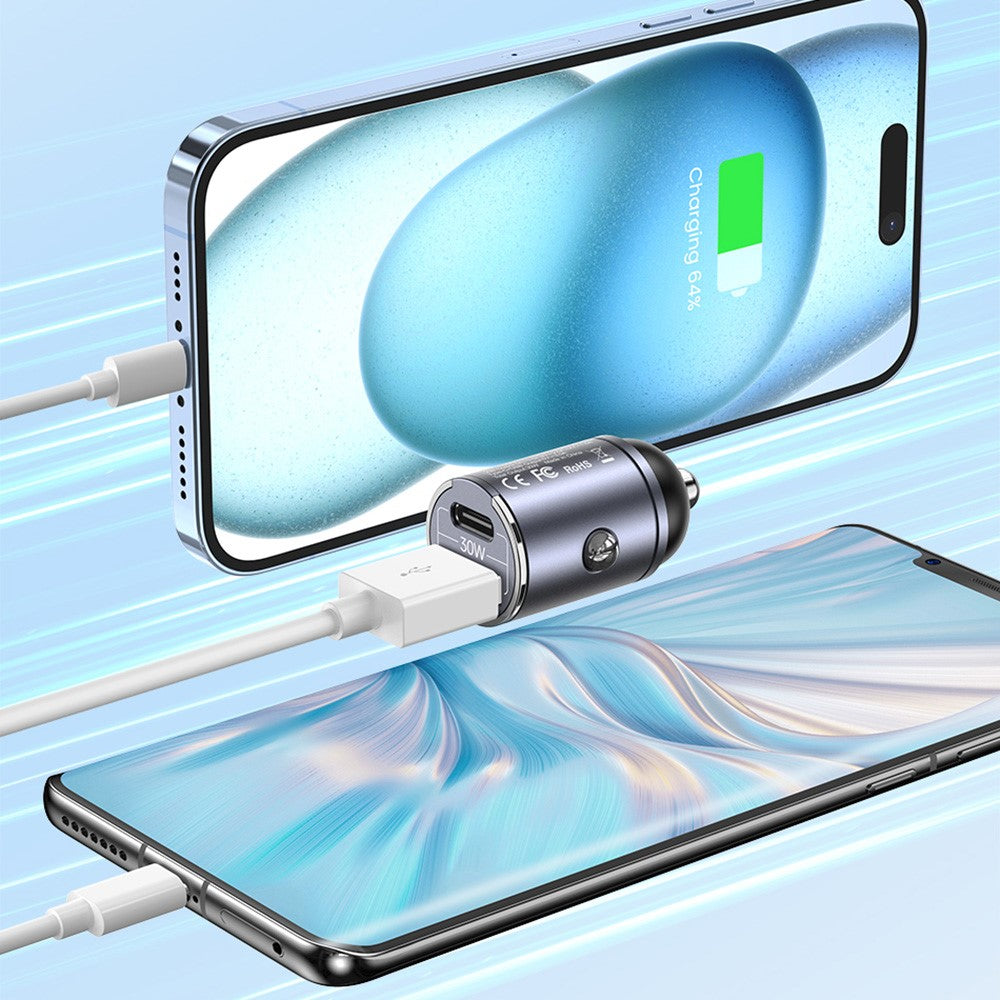 Usams US-CC206 C38 PD 30W USB A + USB-C Fast Charging Car Adapter with Pull Ring