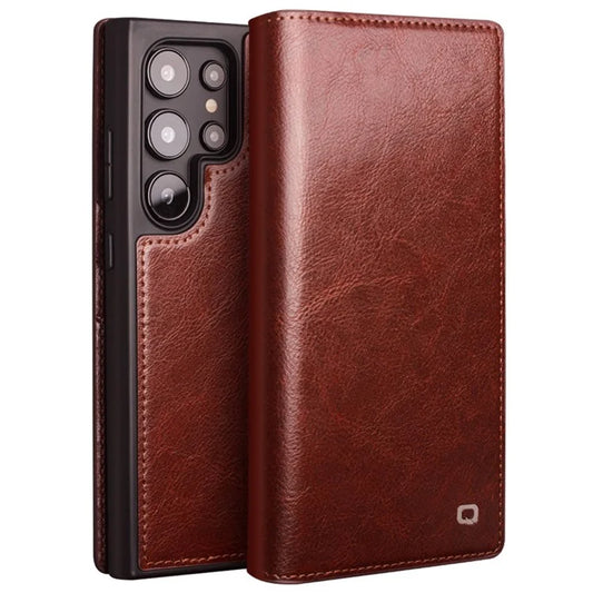 Qialino Wallet Case Genuine Cow Leather Brown Folio Flip Magnetic Cover For Samsung Galaxy S24 Ultra - MosAccessories.co.uk
