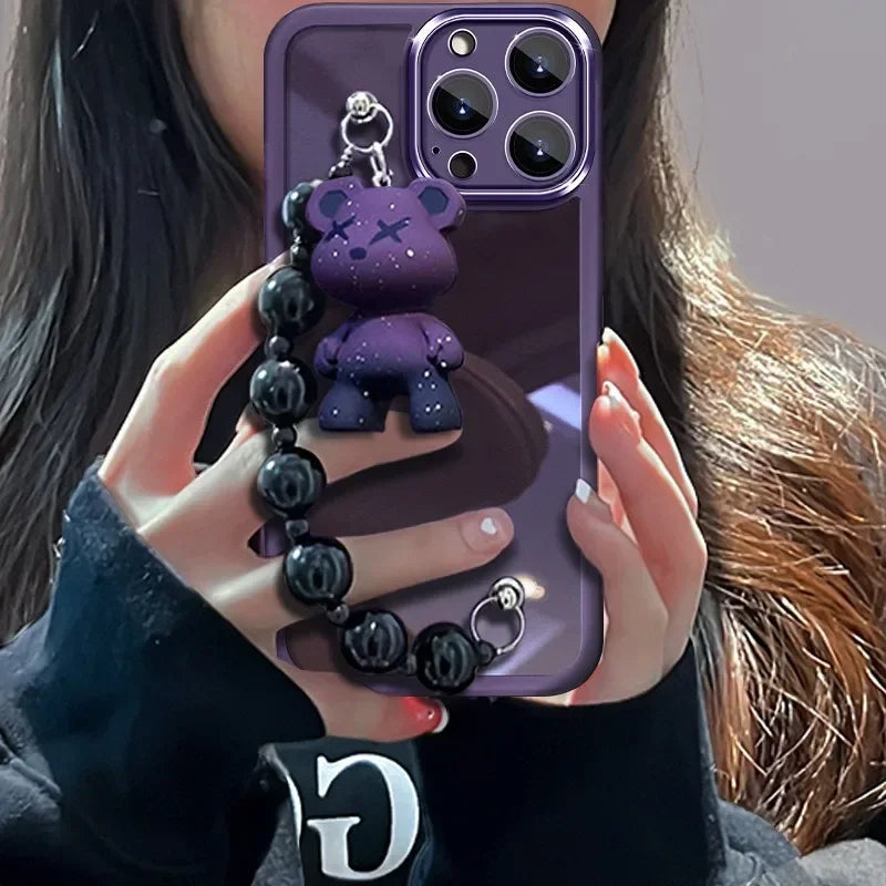 Electroplating TPU Soft Protective Purple Case with Teddy Bear Bracelet - For iPhones