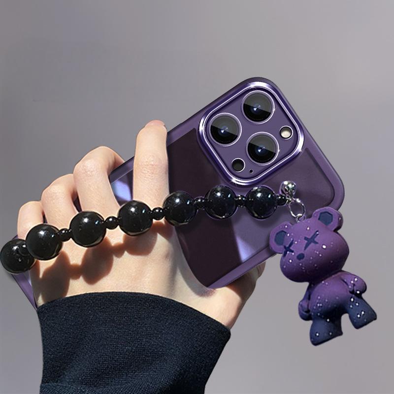 Electroplating TPU Soft Protective Purple Case with Teddy Bear Bracelet - For iPhones