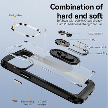 TPU + PC Lens Protection Phone Case with Ring Holder - For iPhone 15 / 15 Pro / 15 Plus