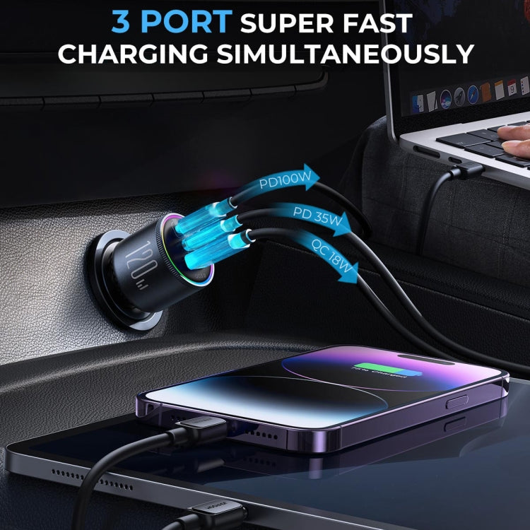 JOYROOM JR-CCN07 120W Dual PD + QC3.0 3-Port In Car Charger - Dark Grey - MosAccessories.co.uk