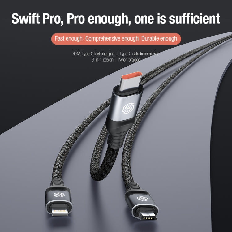 Nillkin Swift Pro 3 in 1 USB to 8 Pin + USB-C + Micro USB Fast Charging Cable - Black - MosAccessories.co.uk