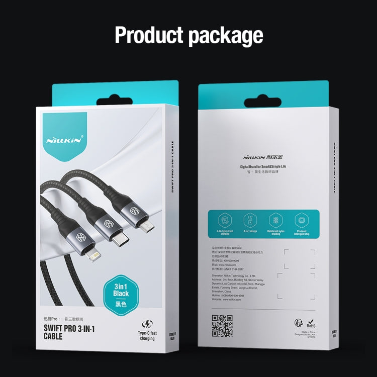 Nillkin Swift Pro 3 in 1 USB to 8 Pin + USB-C + Micro USB Fast Charging Cable - Black - MosAccessories.co.uk