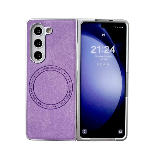 Skin Feel PU Leather Texture MagSafe Pearlescent Paint Purple Phone Case - For Samsung Galaxy Z Fold5 - MosAccessories.co.uk
