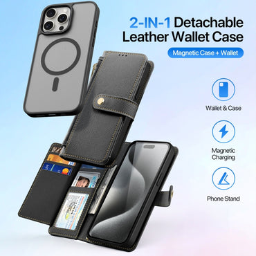 Dux Ducis Lawa Series 2 in 1 Wallet Zipper Detachable MagSafe Phone Case with Lanyard - For iPhone 16 / 15 Pro Max / 15 Pro / 15 Plus / 15