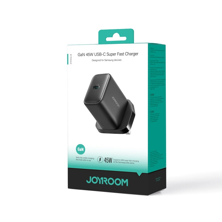 JOYROOM JR-TCG13 45W GaN USB-C Black Super Fast Charger Packaging at MosAccessories.co.uk