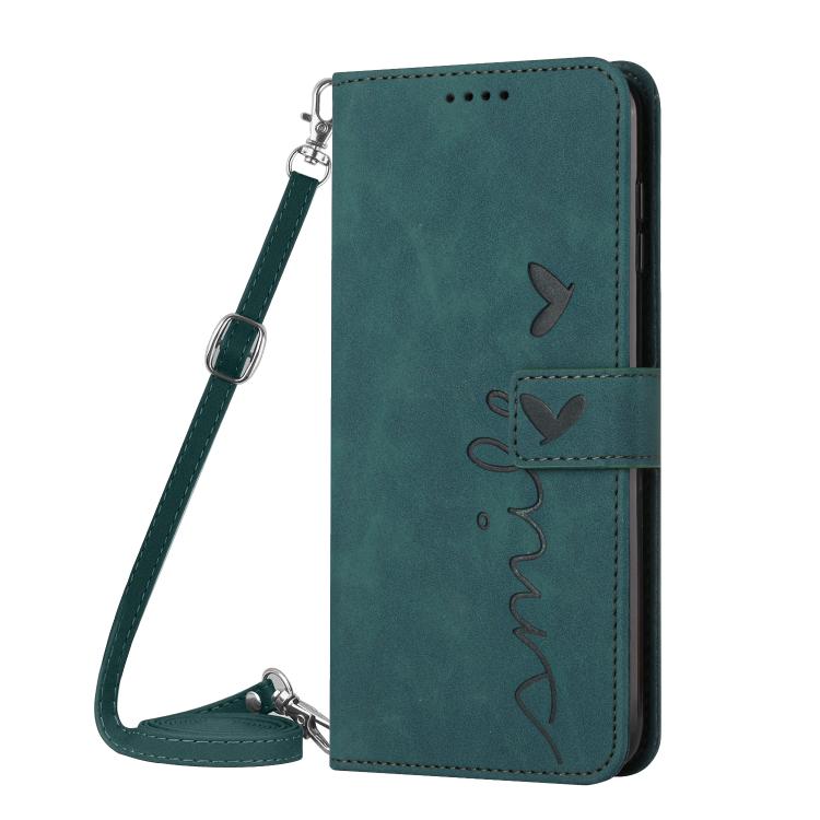 Skin Feel Heart Embossed PU Leather Phone Case with Long Lanyard - For Samsung Galaxy S25 Edge / S25 / S24 / S25+ / S24+ / S25 Ultra