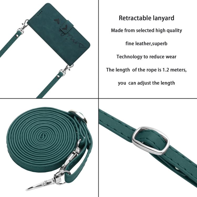 Skin Feel Heart Embossed PU Leather Phone Case with Long Lanyard - For Samsung Galaxy S25 Edge / S25 / S24 / S25+ / S24+ / S25 Ultra