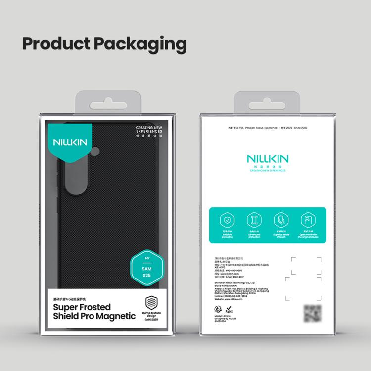 Nillkin Frosted Shield Pro Magnetic Black Phone Case Packaging - For Samsung Galaxy S25 at MosAccessories.co.uk