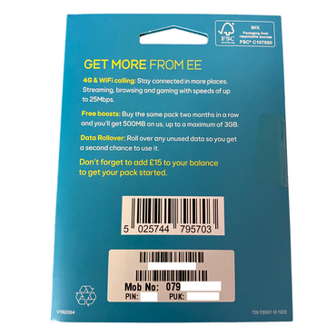 EE Pay As You Go Sim Card - £15 Subscription Pack