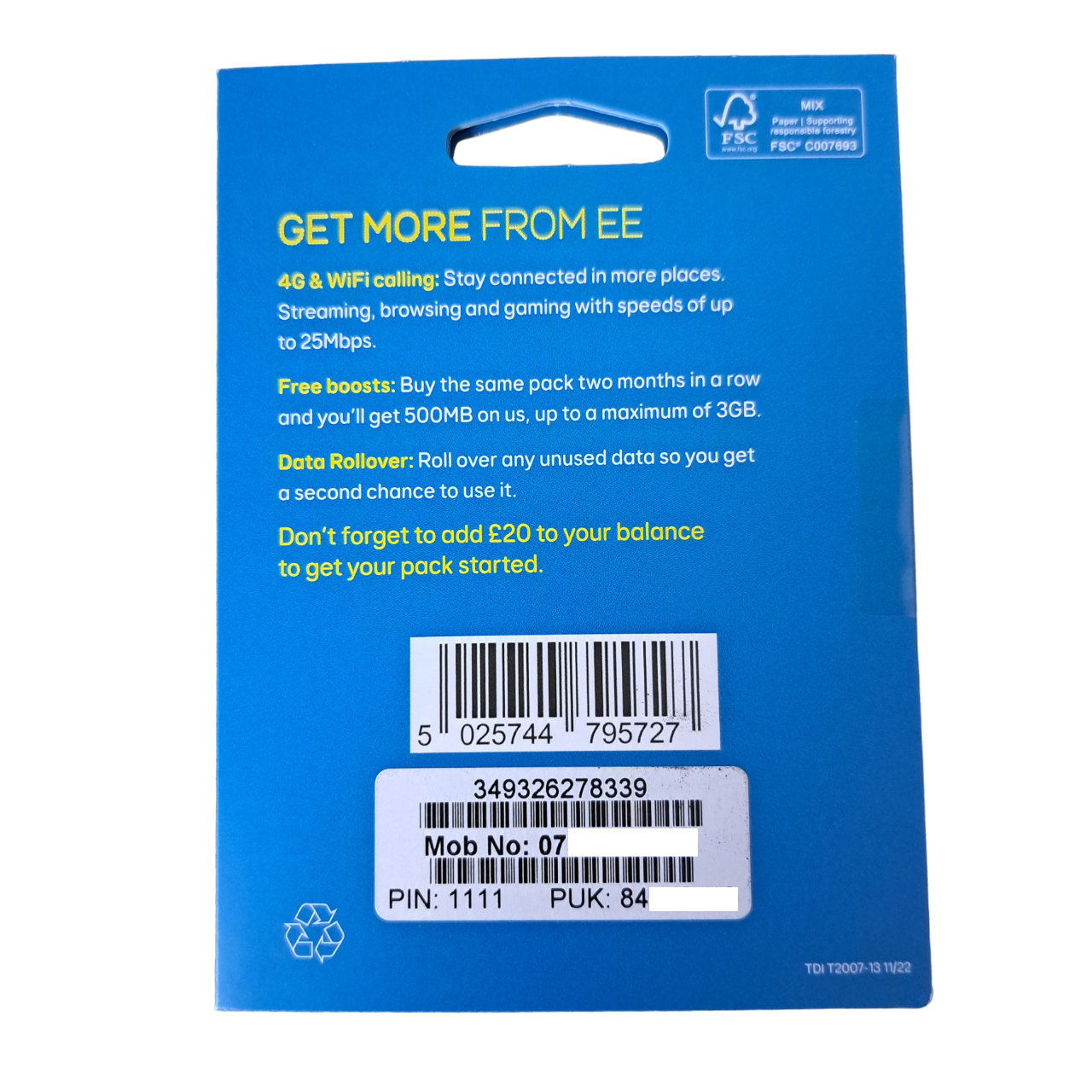 EE Pay As You Go Sim Card - £20 Subscription Pack at MosAccessories.co.uk